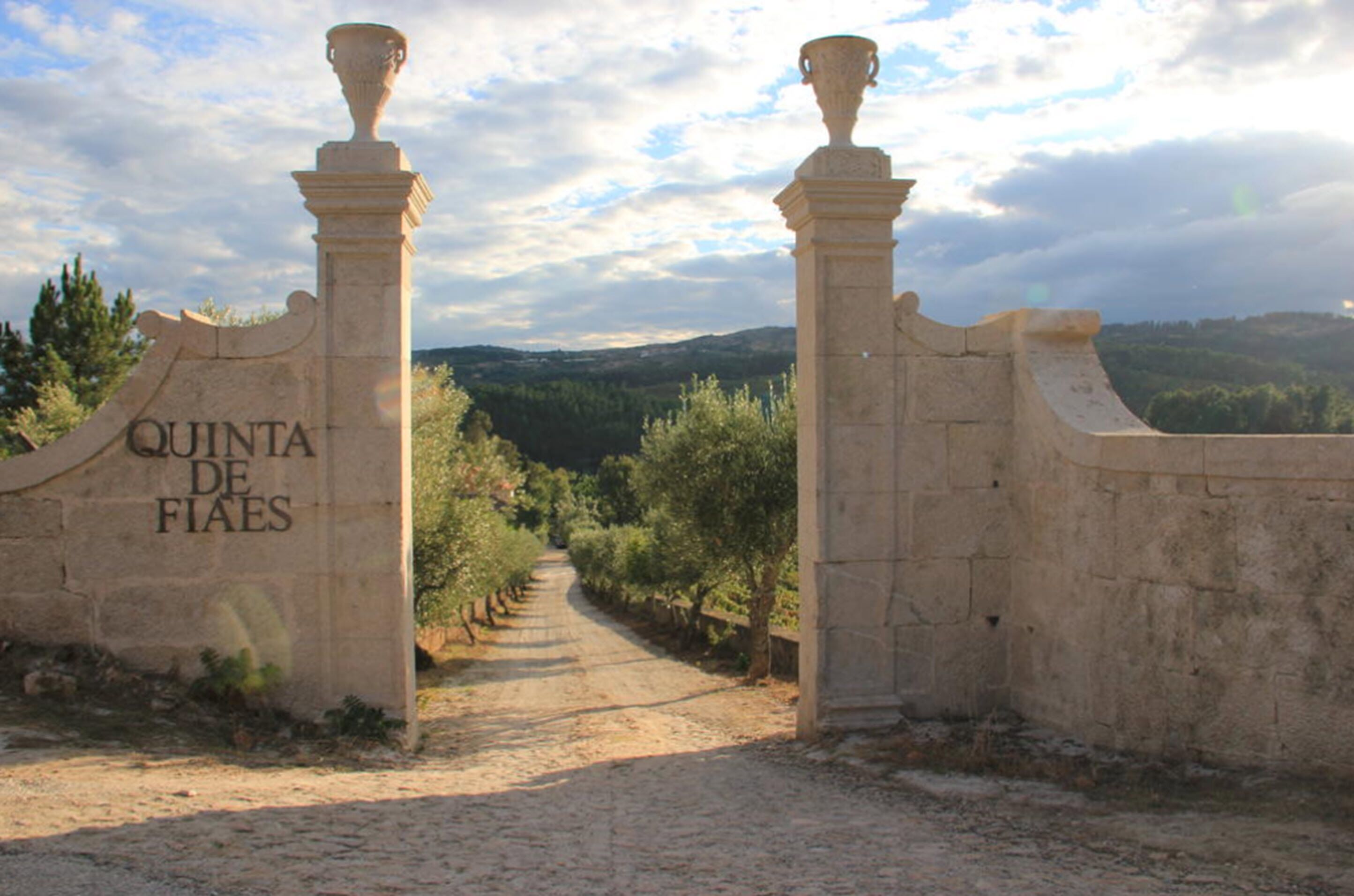 Puerta de piedra con la inscripción "QUINTA DE FIAES" que da paso a un sendero entre viñedos.