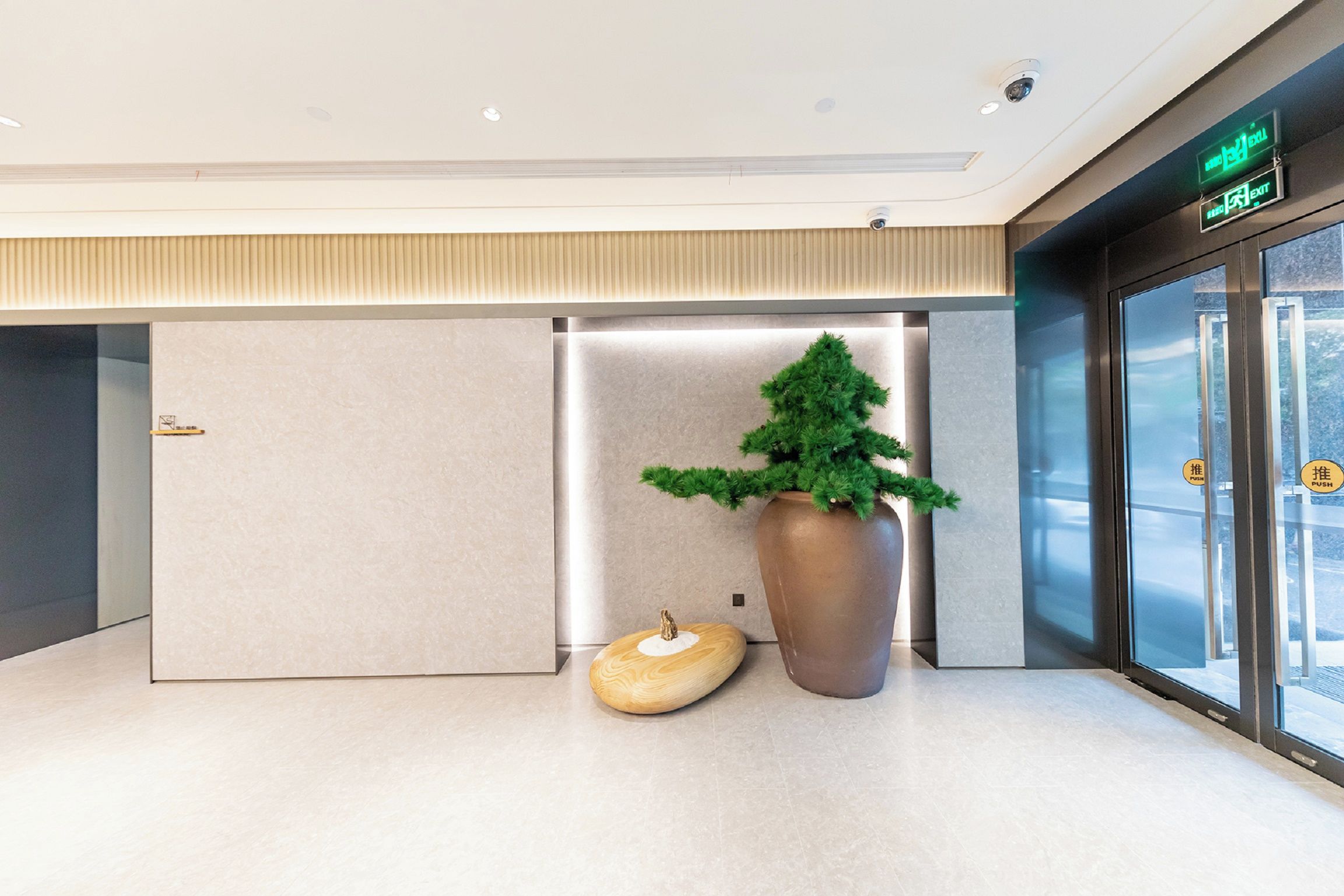 Un vestíbulo moderno con diseño minimalista, que presenta una gran planta en maceta, una escultura de madera original y una puerta de cristal con señal de salida.