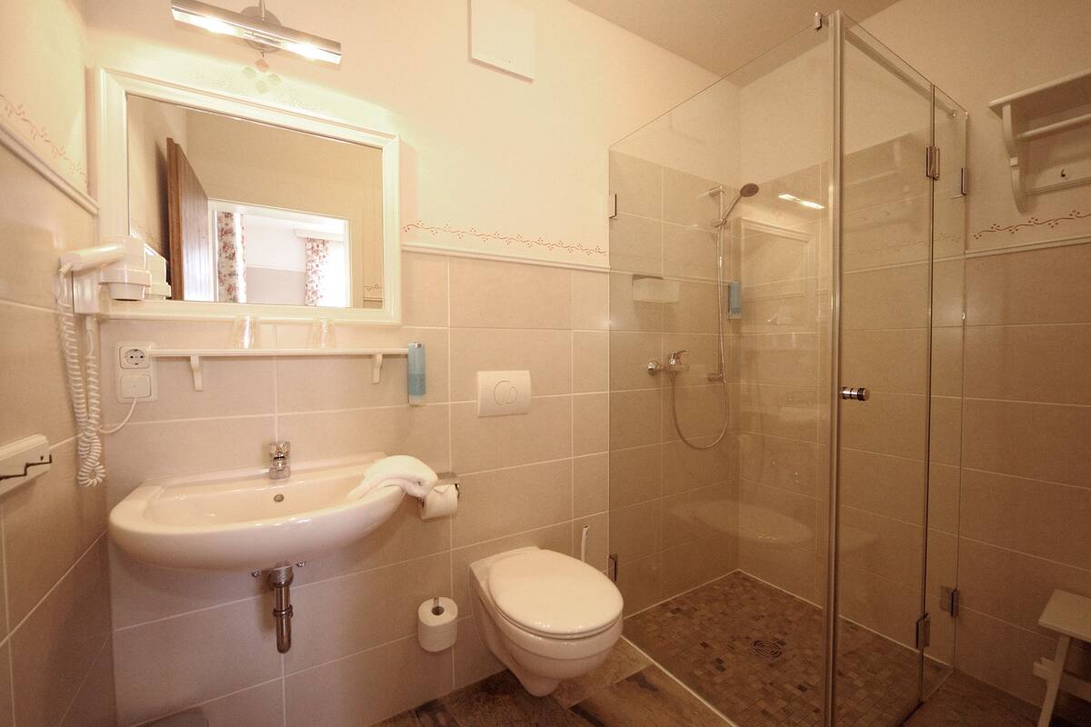 Shower, free toiletries, hair dryer, towels