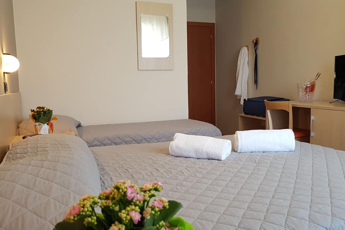 Habitación de hotel con dos camas, un escritorio con televisor, una silla y una mesita con un florero.