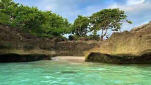 A natural landscape with clear turquoise water, rocky formations, and trees. - Guesthouse Villa la Isla (La Romana)