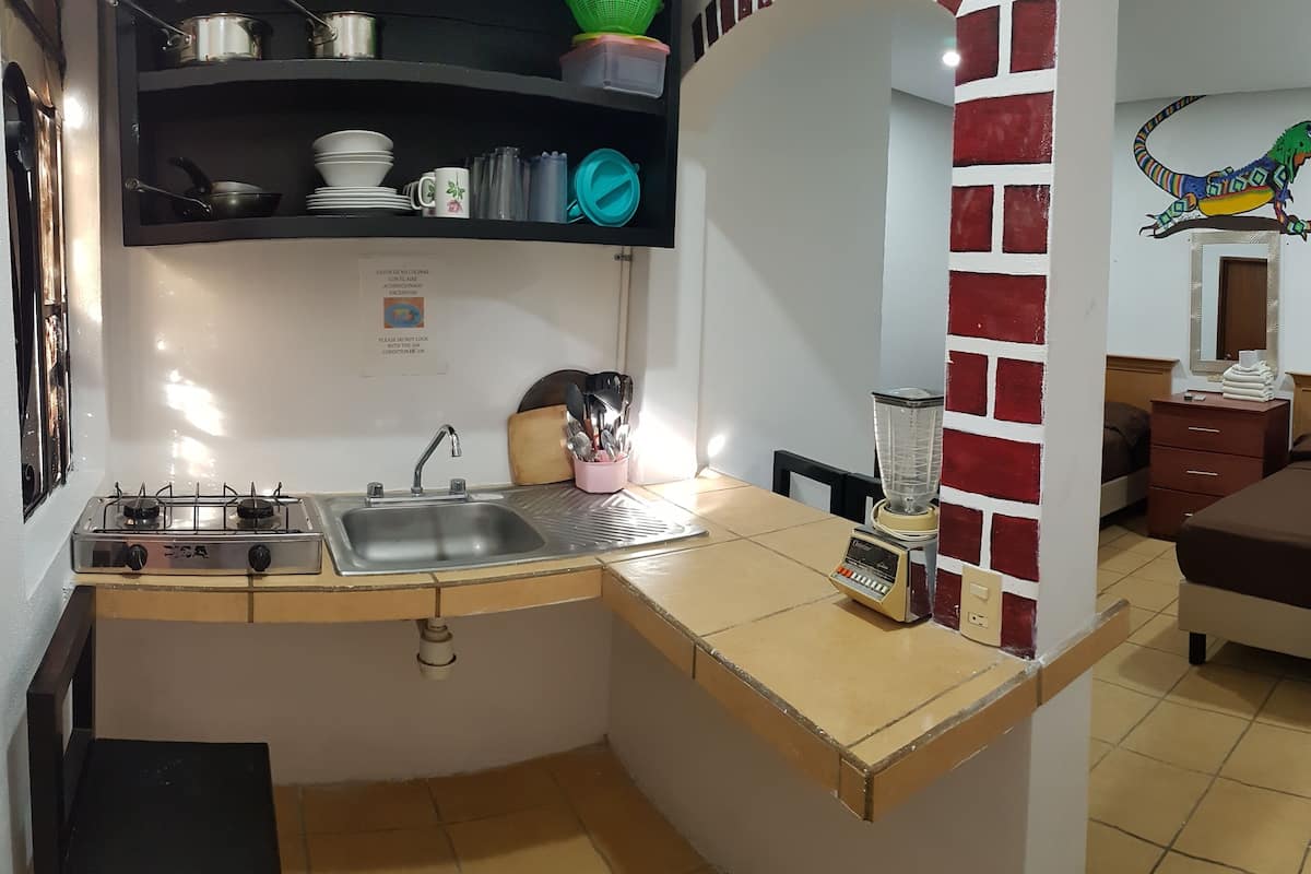 Eine kompakte Küche mit Gasherd, Spüle und einer kleinen Arbeitsplatte. Es gibt einen Kühlschrank, einen Mixer und ein Regal mit Geschirr und Küchenutensilien.