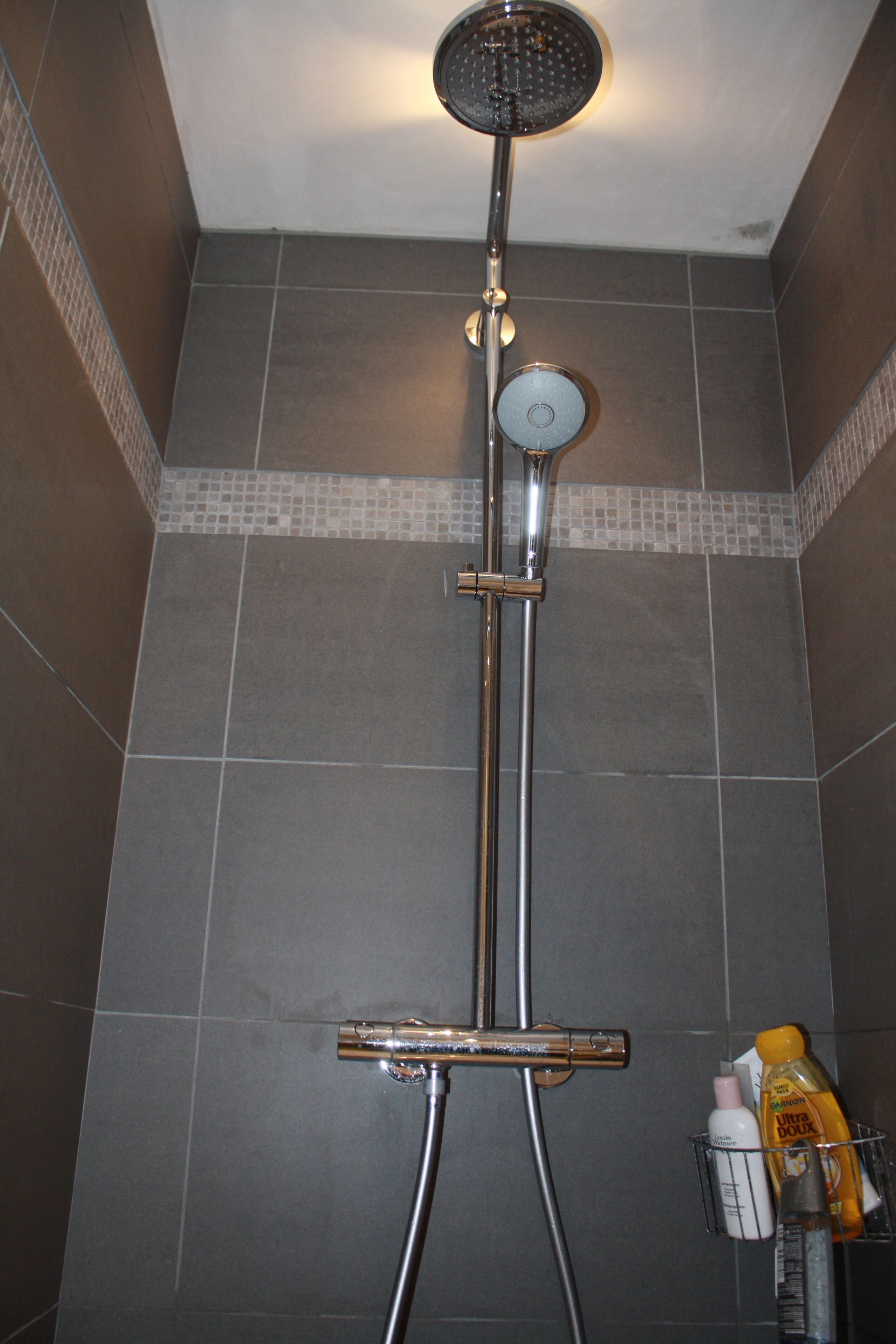 A shower with a handheld showerhead and a wall-mounted faucet.