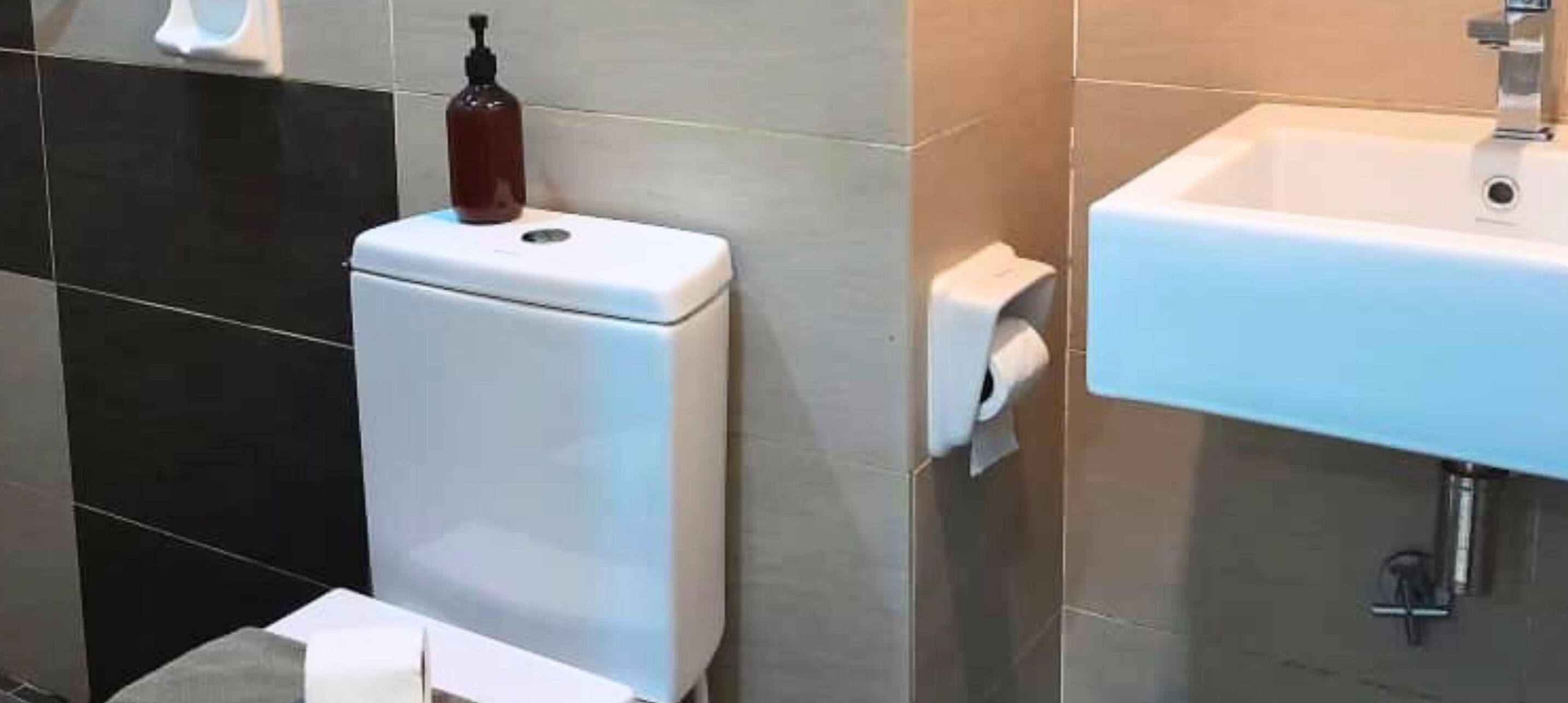 Een moderne badkamer met toilet, handdroger en wastafel.