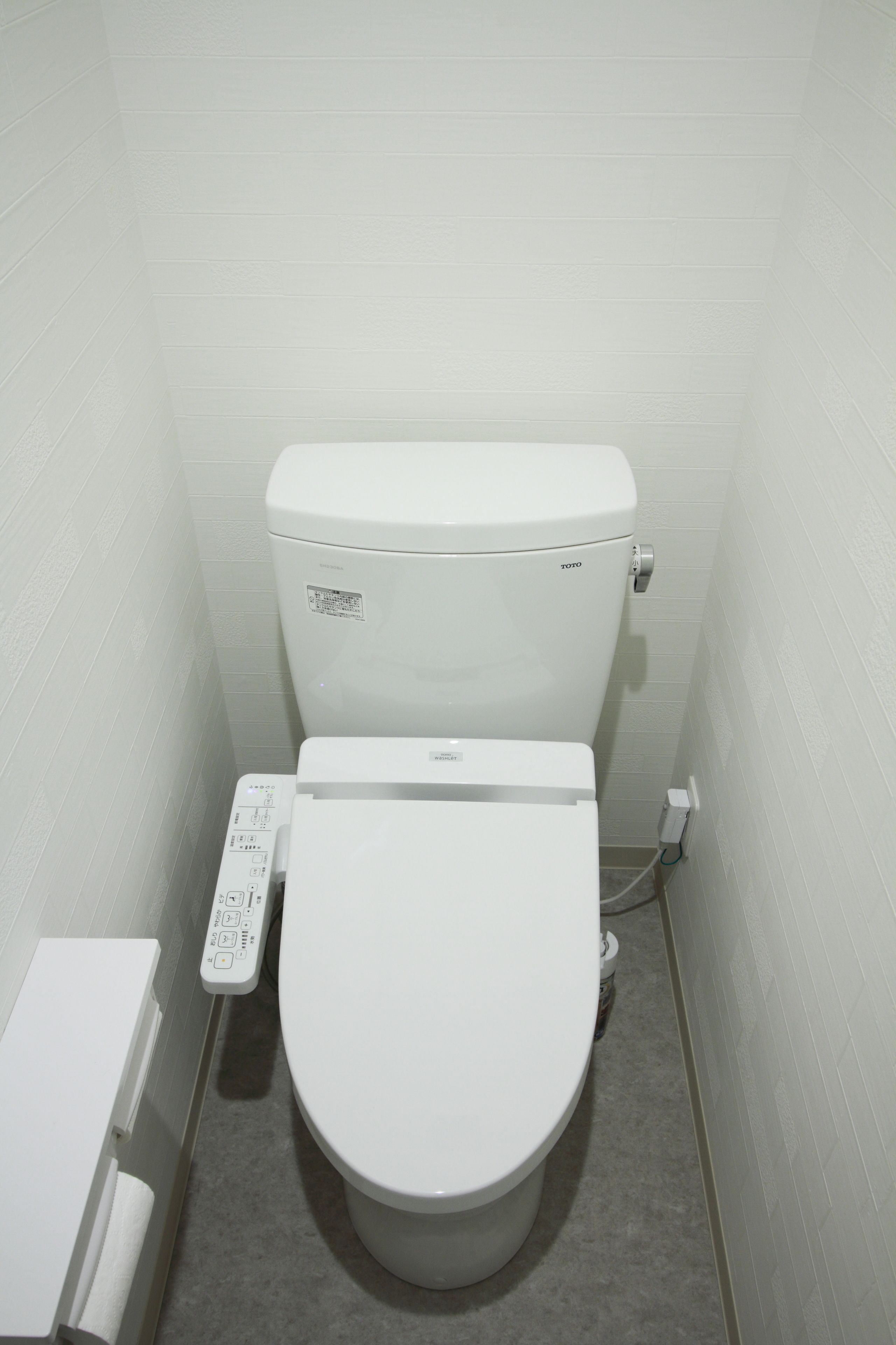 Een kleine badkamer met een wit toilet, een bedieningspaneel en een witte radiator.