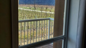 A balcony with a view of a vineyard and mountains. - Sonora Desert Inn (Osoyoos)