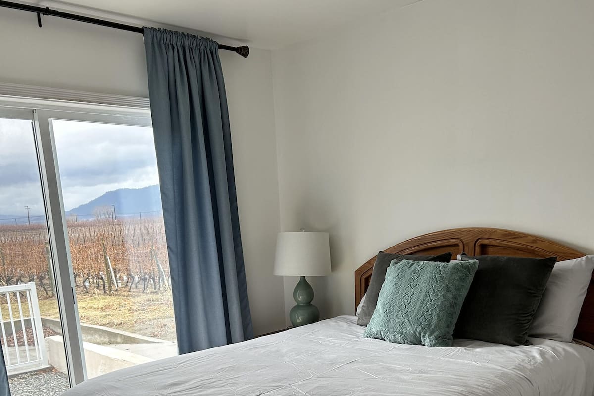 Une chambre avec un grand lit, une tête de lit en bois, une table de chevet avec une lampe, et une vue sur un vignoble par une porte coulissante.