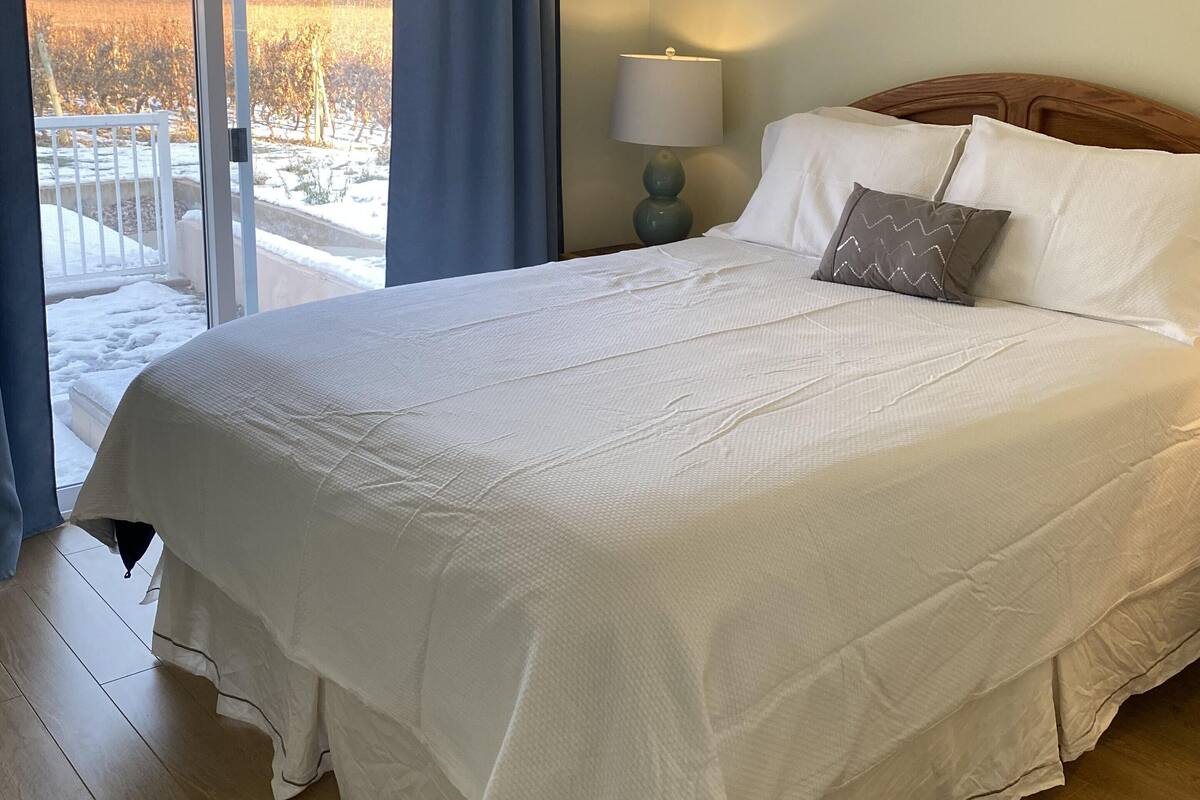 Une chambre d’hôtel avec un grand lit, une table de chevet avec une lampe et une vue sur un paysage enneigé, visible à travers une porte coulissante.