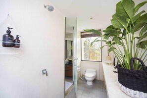 A bathroom with a toilet, a shower, and a sink. There are two bottles on a shelf and a potted plant on the counter.
