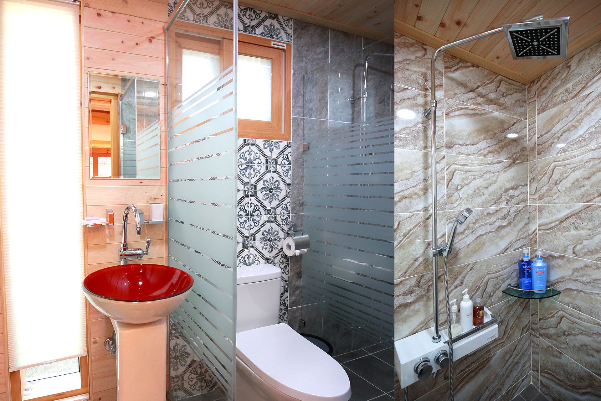 A bathroom with a red basin, a toilet, a shower with a glass enclosure, and a marble-patterned wall.