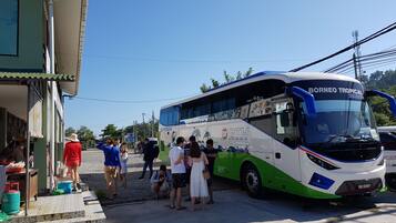 Un autobús con la inscripción 'BORNEO TROPICAL HOLIDAY' en la parte delantera, estacionado en una parada de autobús con gente abordando.