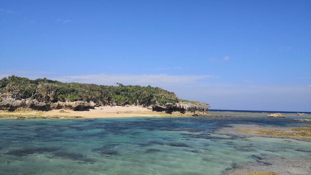 Un paisaje costero con aguas turquesas cristalinas, una playa de arena y un promontorio rocoso con vegetación.