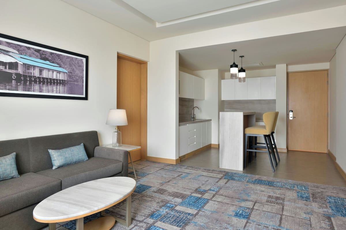 Un salon moderne avec un canapé, une table basse et un tapis à motifs.