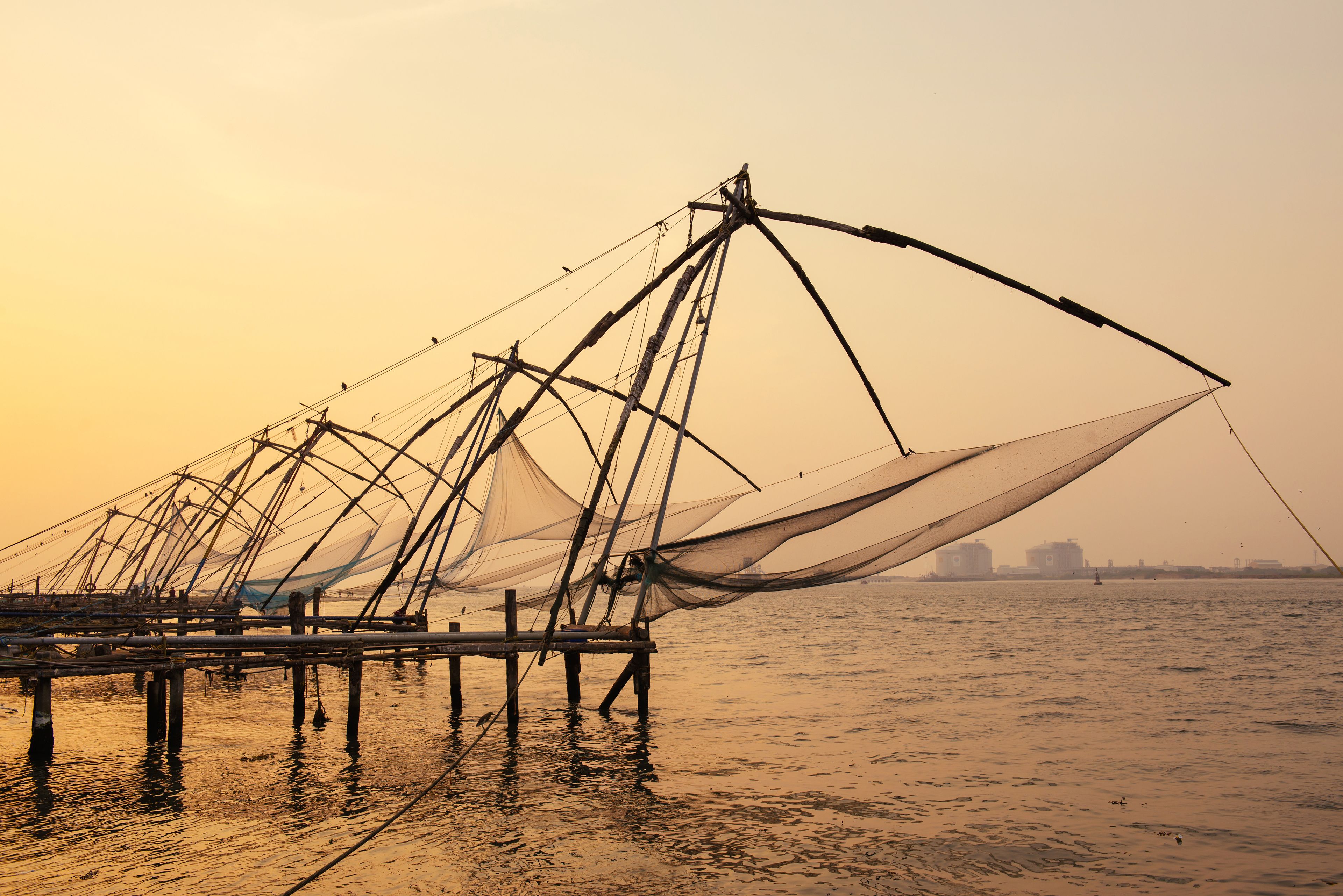 A pier with fishing nets extending into the water.