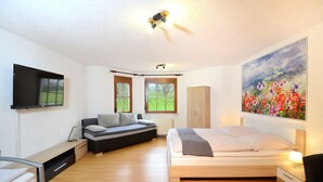 Un dormitorio con cama, sofá, televisor y un cuadro.