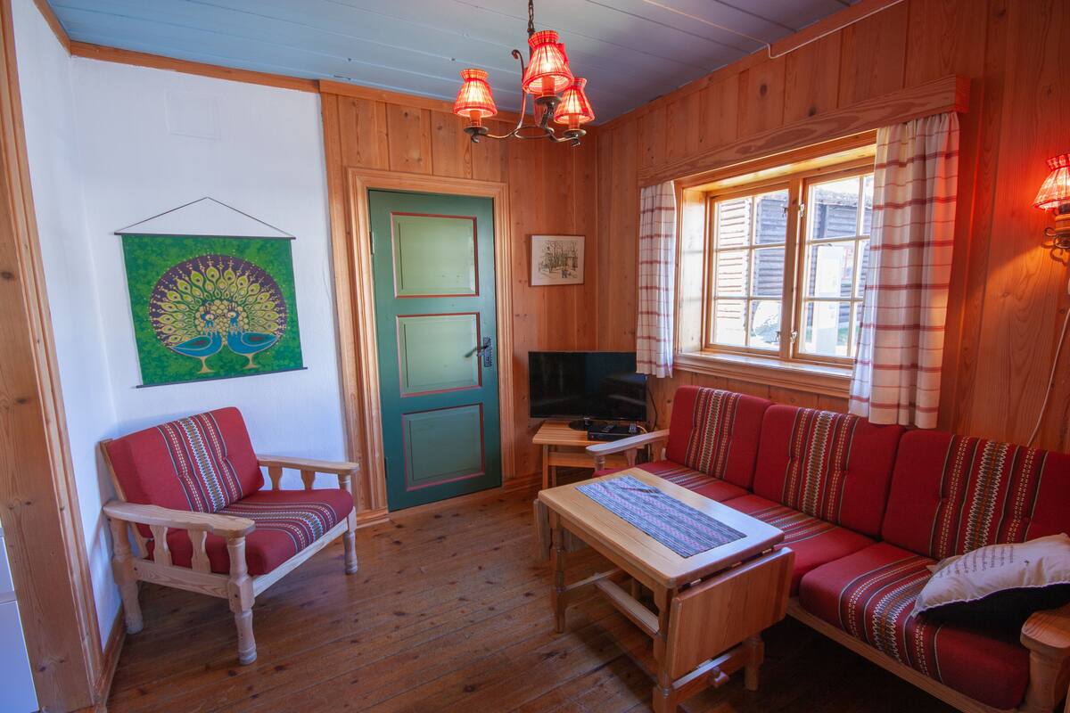 A cozy room with wooden walls, a green door, a red sofa, a wooden table, and a television.