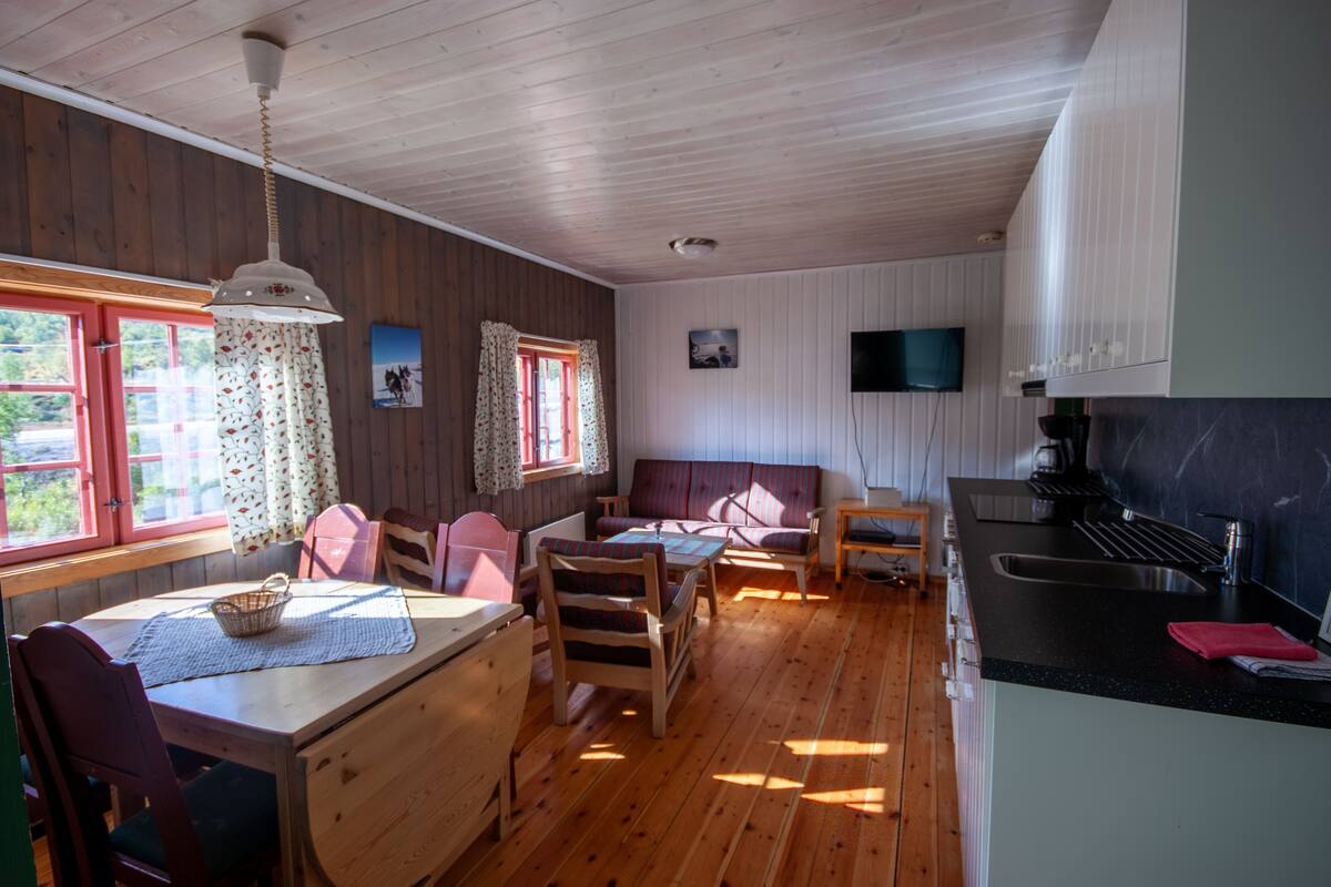 A cozy cabin-style room with a wooden floor, a dining table with chairs, a sofa, a kitchen area with a sink, and a television mounted on the wall.