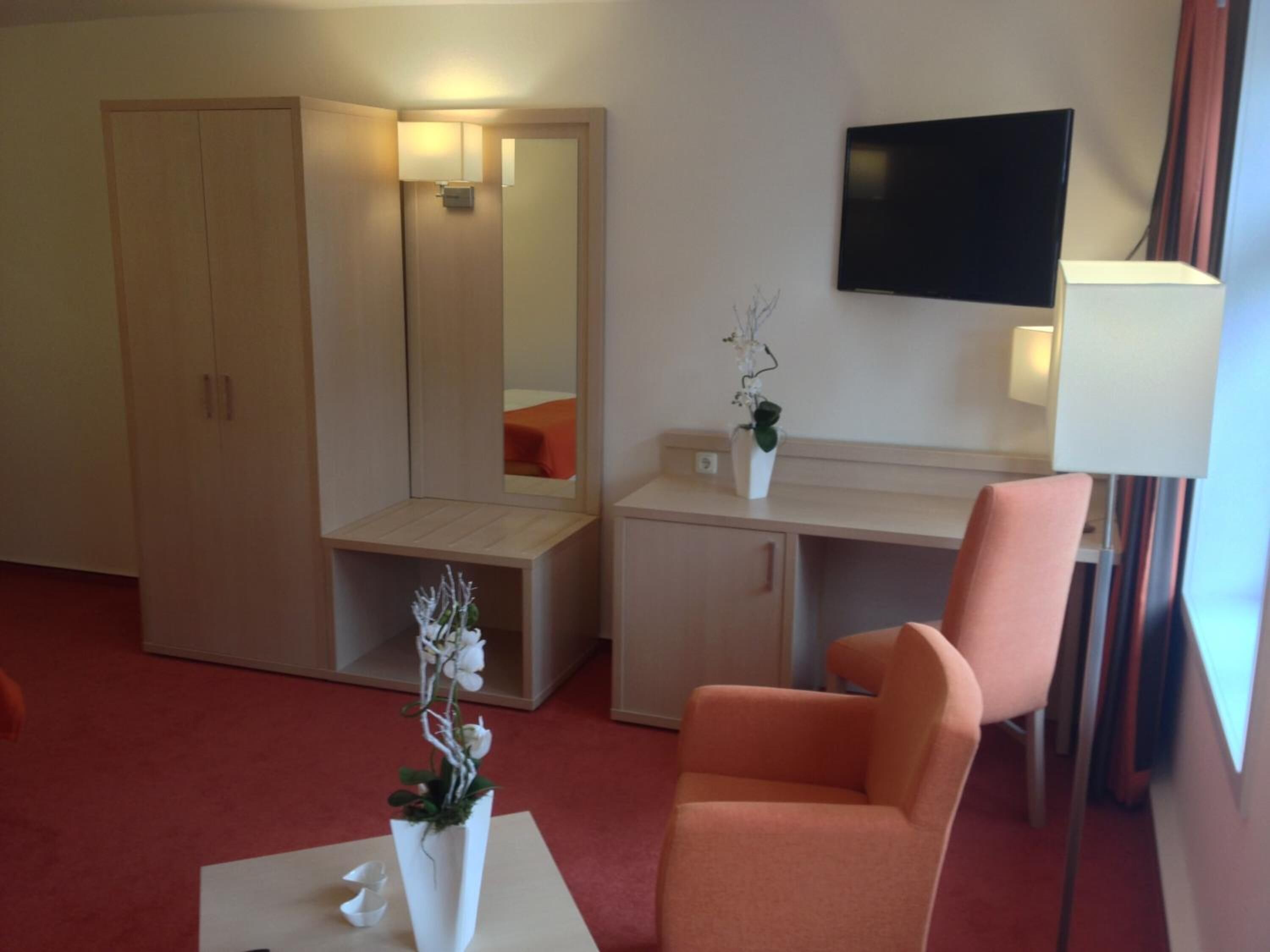 Hotelkamer met een bed, bureau, stoel, televisie, kledingkast en een kleine plant.
