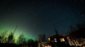 Una cabaña bajo un cielo estrellado, rodeada de árboles.