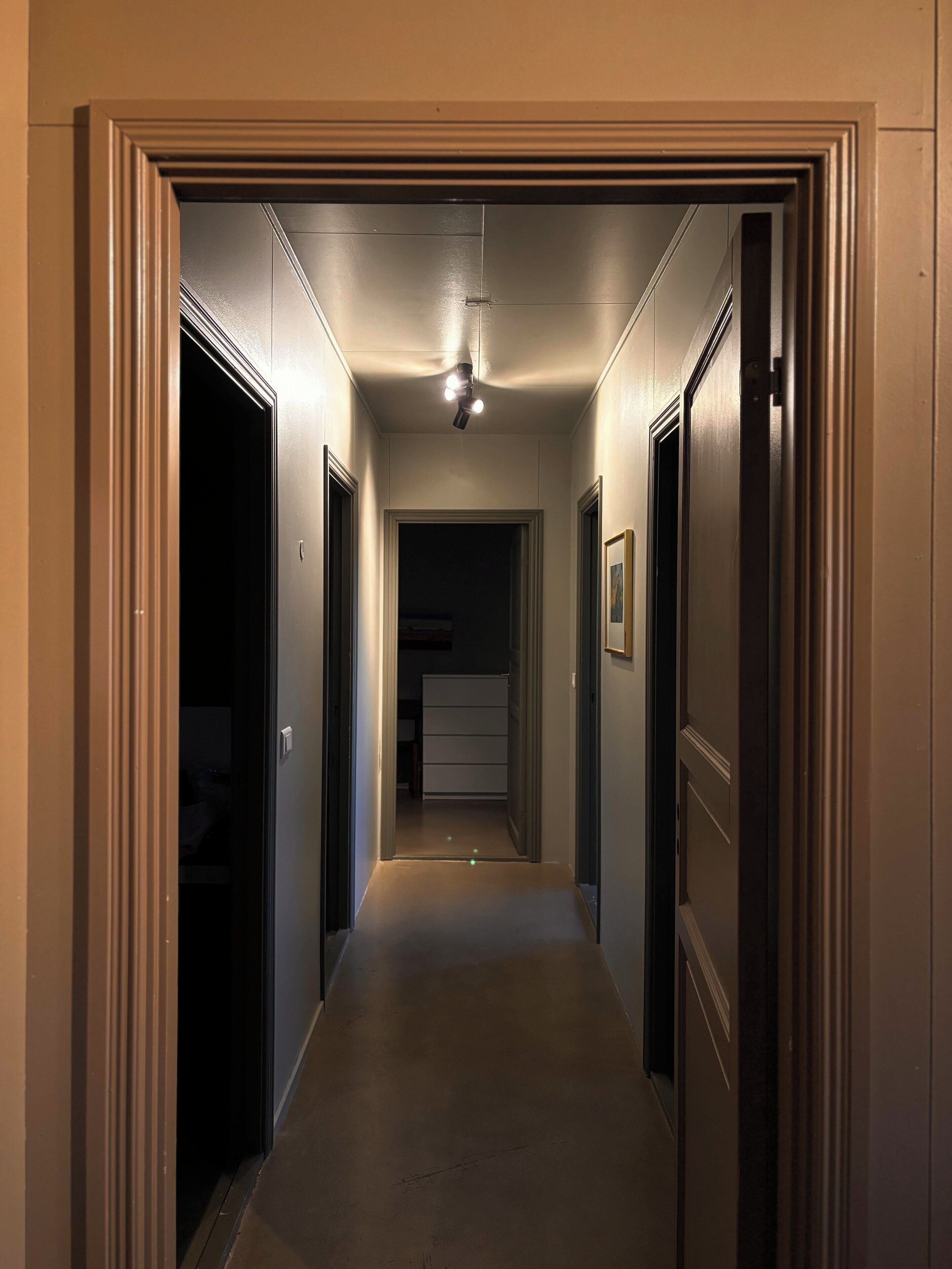 A narrow hallway with a ceiling light fixture, a door on the left, and a dresser in the background.