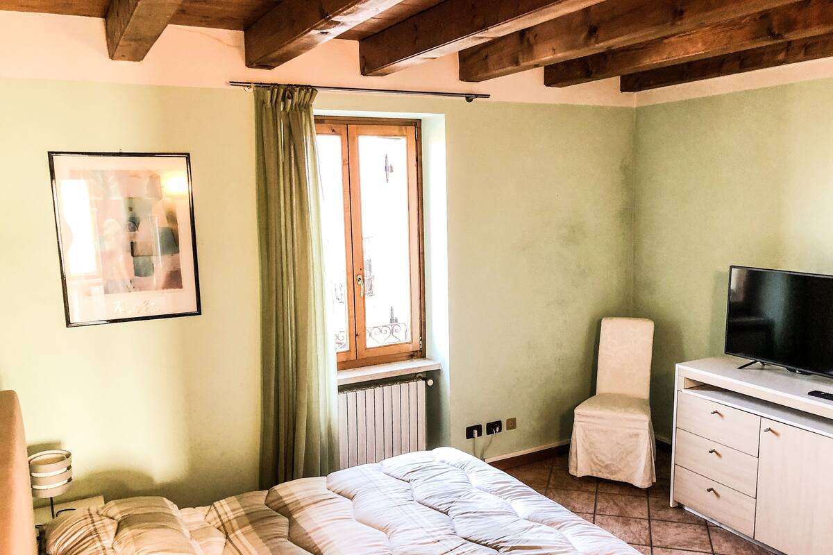 A bedroom with a bed, a television on a dresser, a window with curtains, and a radiator.