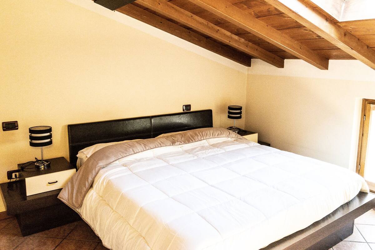 A bedroom with a bed, bedside tables, lamps, and a skylight.