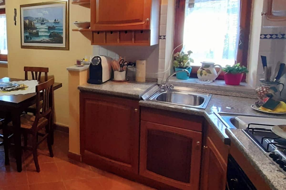 Una cocina con armarios de madera, un lavamanos, una estufa y una ventana con cortinas.