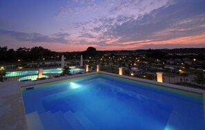 Outdoor pool, pool umbrellas, pool loungers