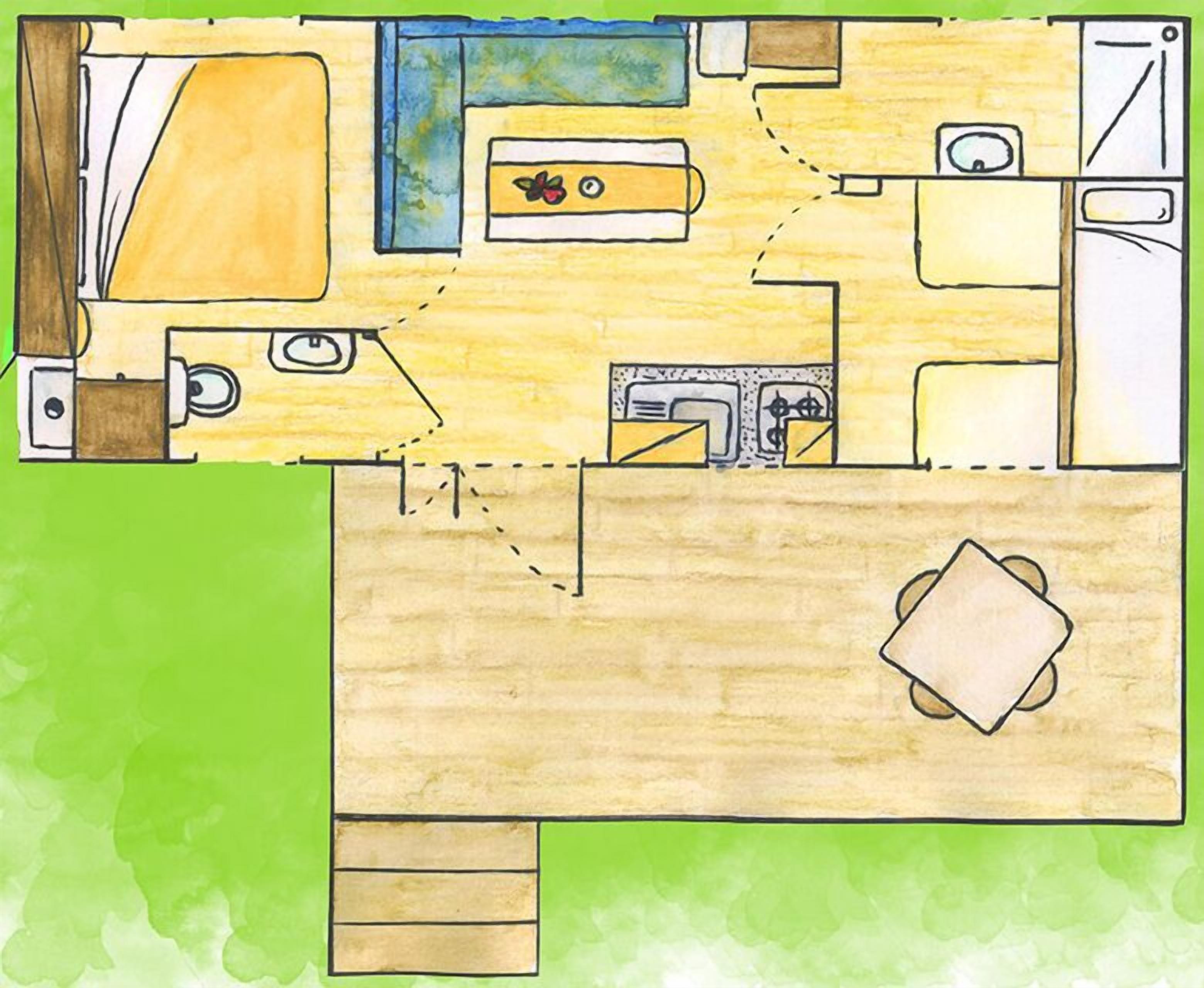 A floor plan of a room with a bed, a desk, a chair, a small table, and a window.