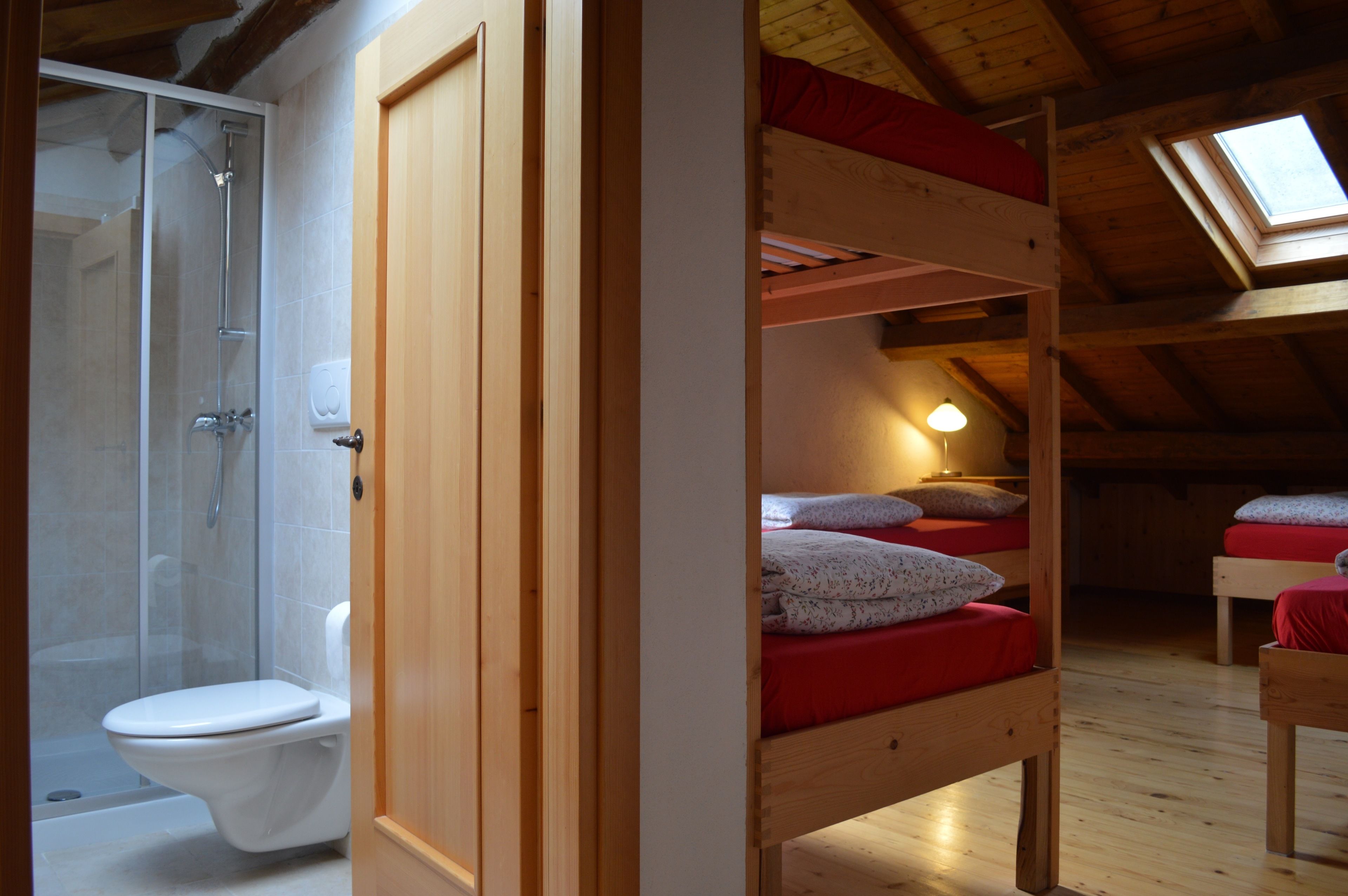 Ein Zimmer mit einem Holzbett mit Etagen, einem Dachfenster, einer Dusche und einem WC.