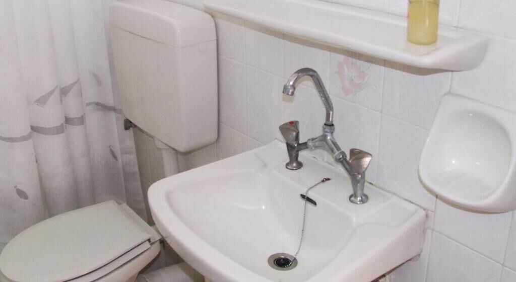 Ein Badezimmer mit einem weißen Waschbecken, einer Toilette und einem Regal darüber.