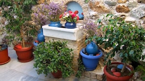 Un mur de pierre agrémenté de différentes plantes et fleurs en pot, disposées sur une étagère.