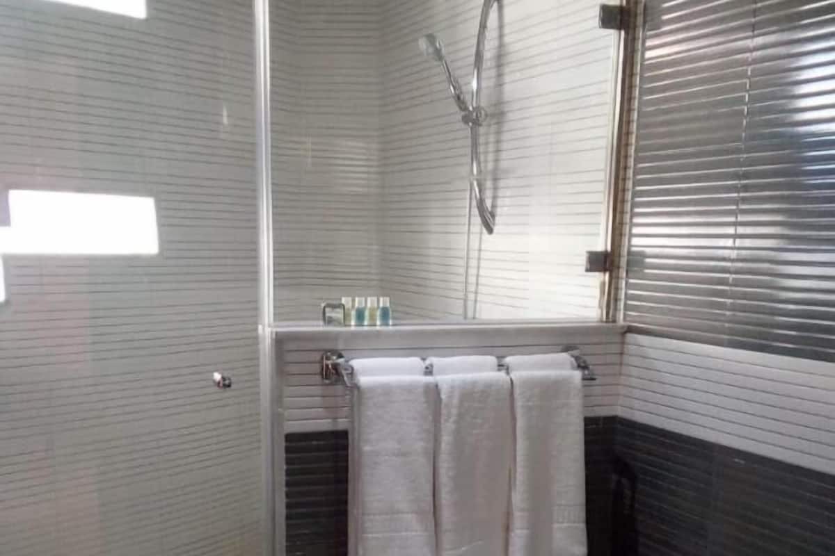 shower, rainfall showerhead, free toiletries, hair dryer