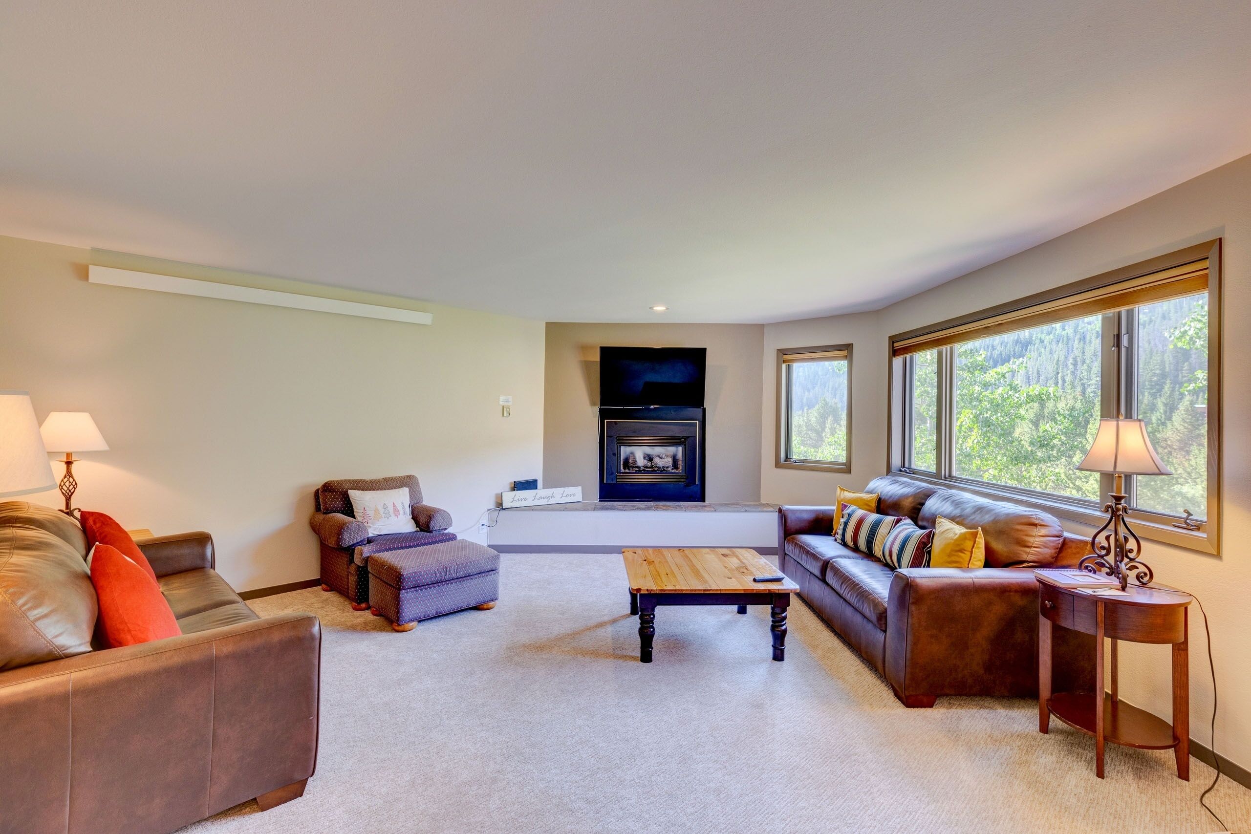 A living room with a fireplace, a sofa, a coffee table, and a TV.