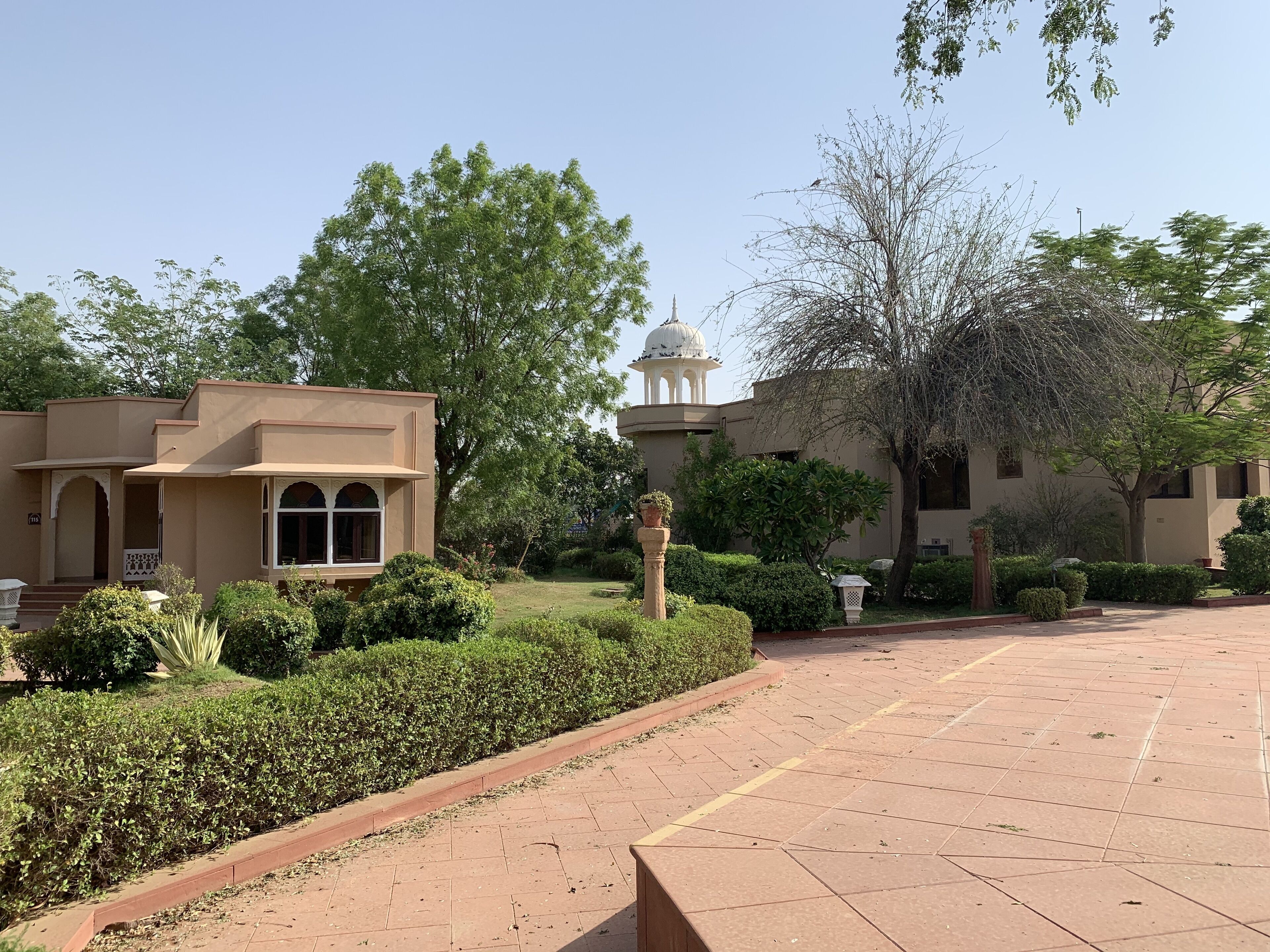 Un patio con un sendero empedrado, un edificio con cúpula y follaje circundante.