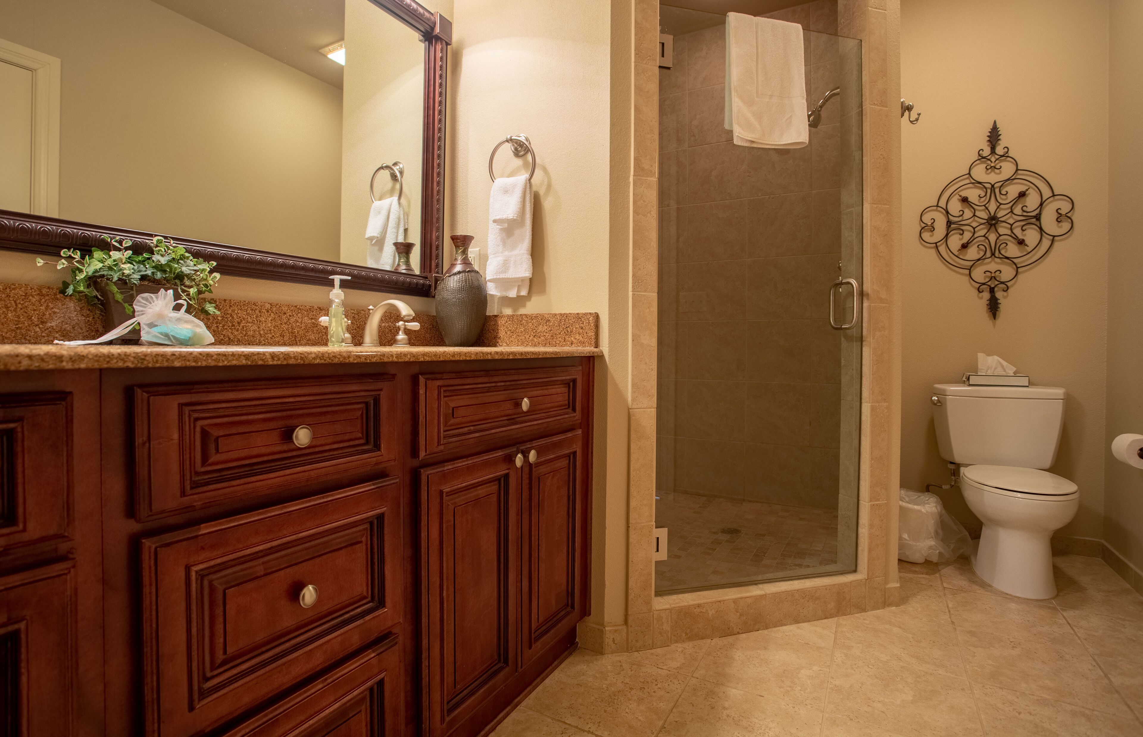Un baño con tocador de madera, ducha con cerramiento de vidrio y un inodoro.