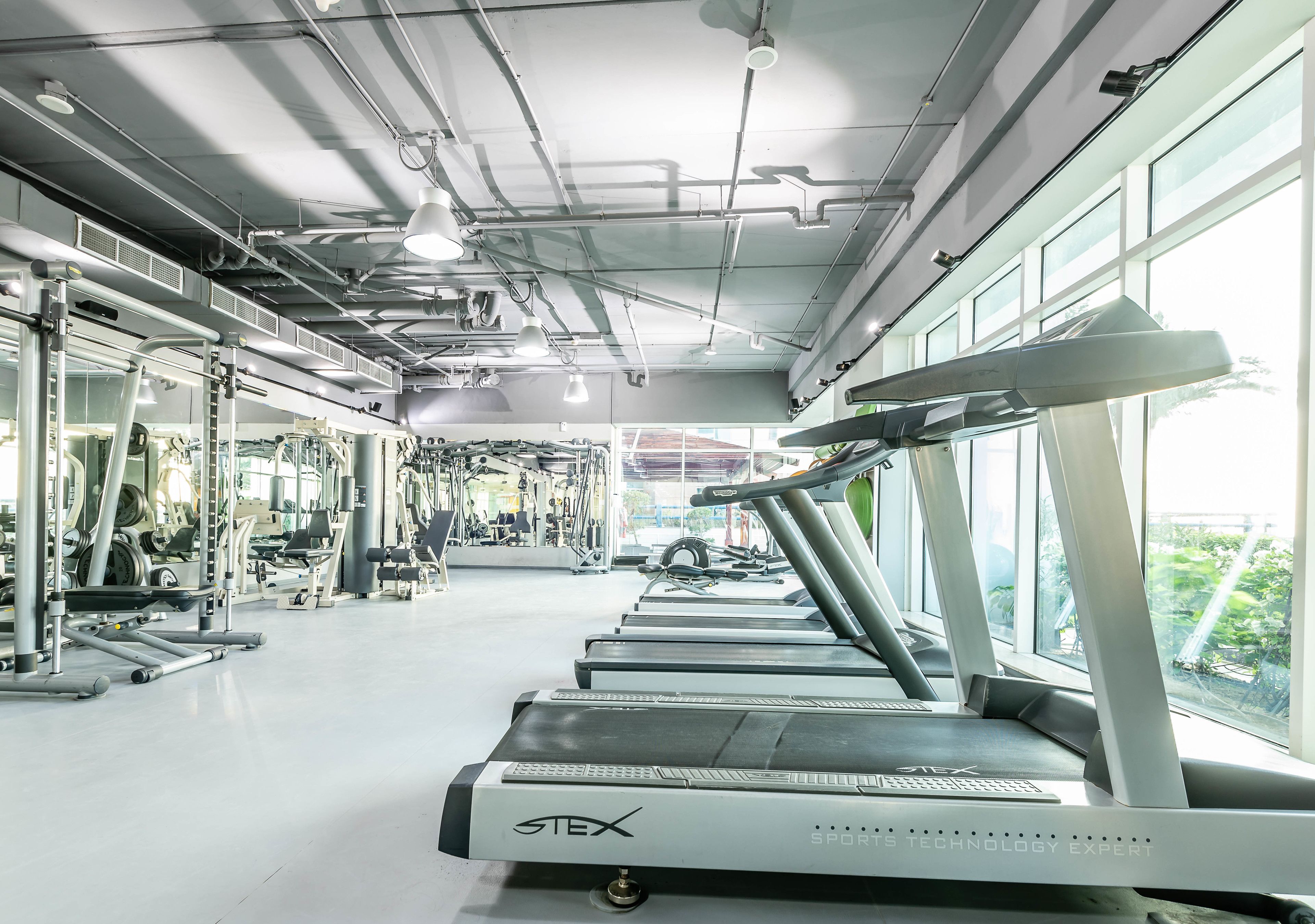Ein Fitnessstudio mit Laufbändern, Kraftgeräten und großen Fenstern.