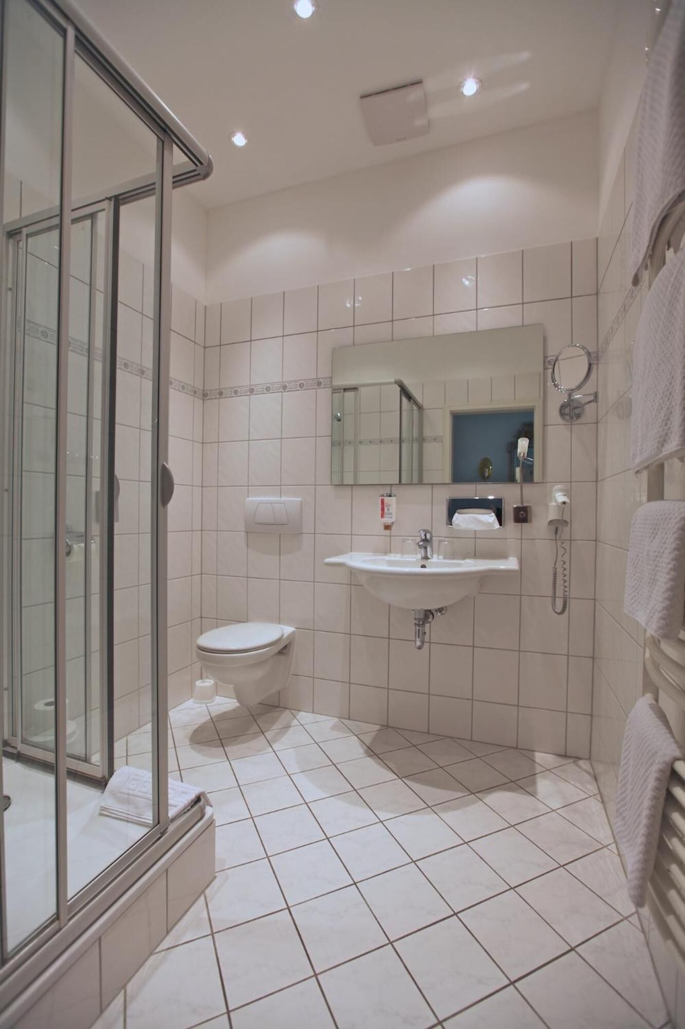 double room, annex building | bathroom | shower, hair dryer, towels