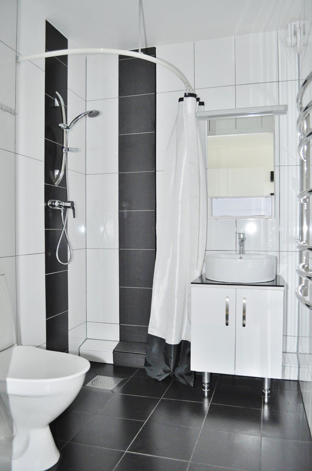 Ein modernes Badezimmer mit Toilette, einer Dusche mit gebogener Brause, einem weißen Waschbecken mit Spiegel darüber und einer schwarzen Wand aus Fliesen.