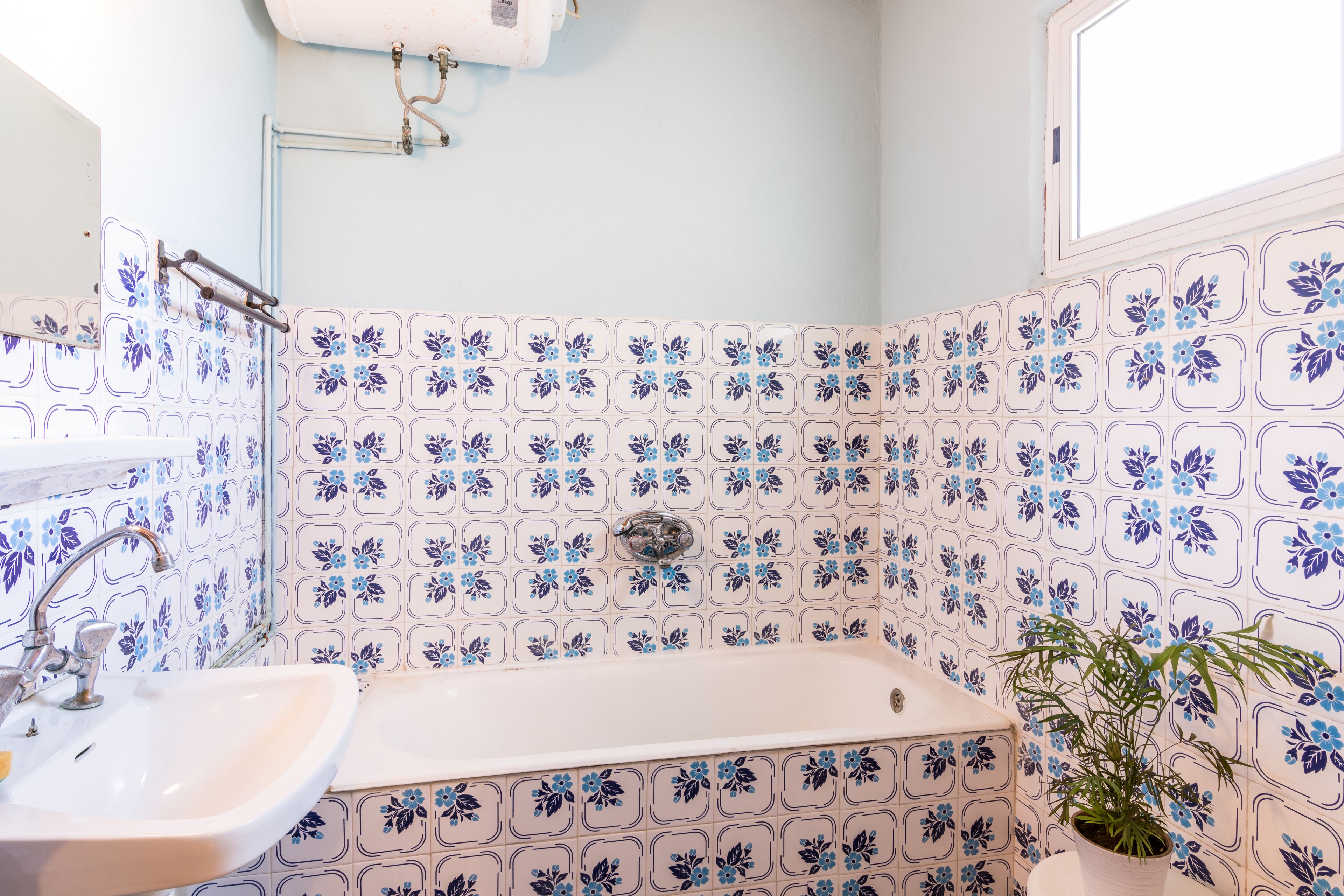 A bathroom with a bathtub, a sink, and a potted plant.