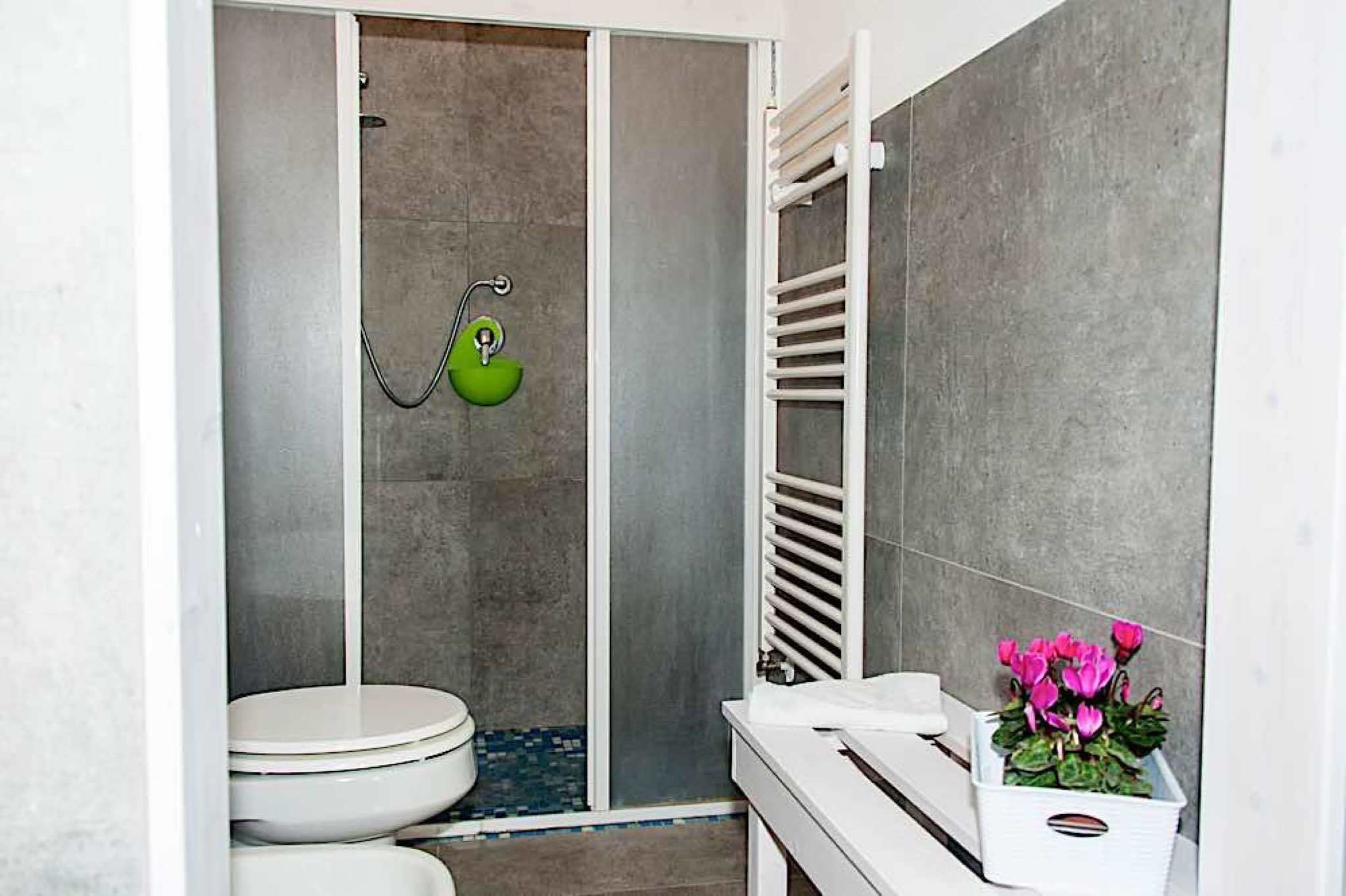 A bathroom with a toilet, shower, and a white sink with a potted plant.