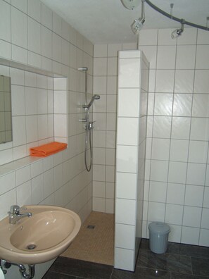 A bathroom with a sink, mirror, shower, and a trash bin.
