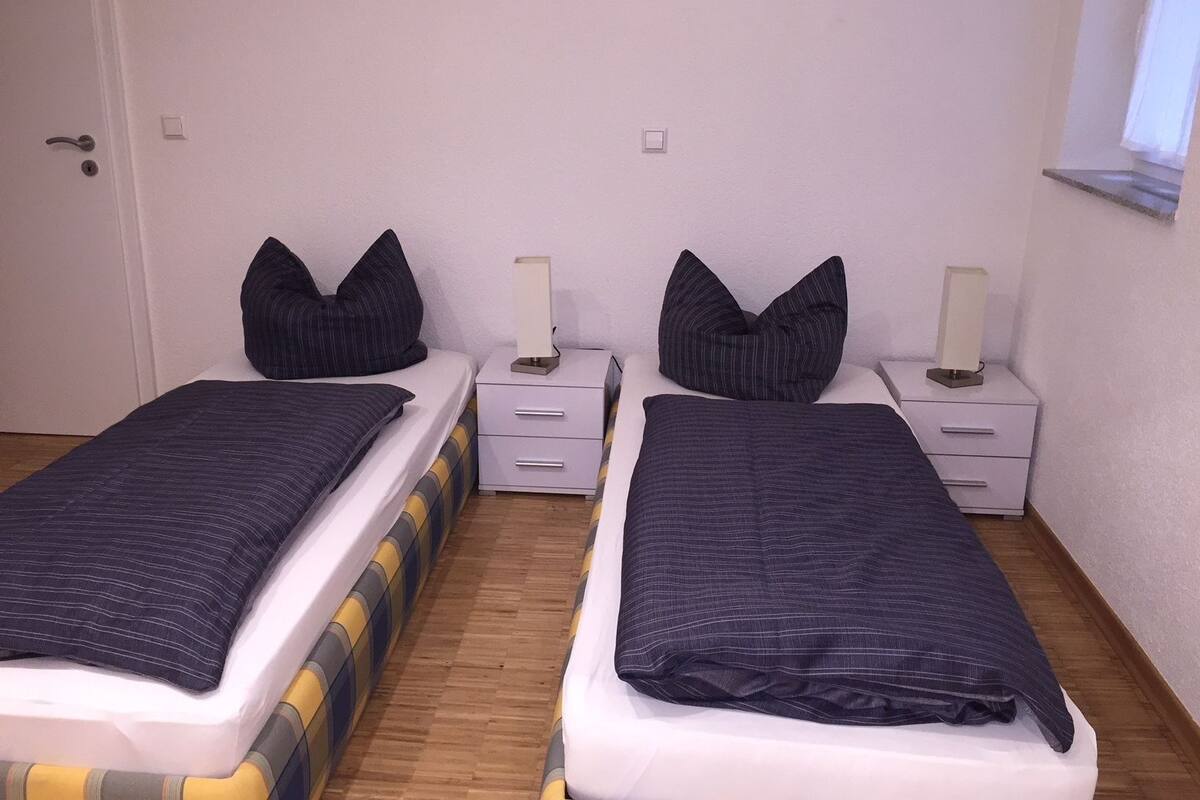 A room with two single beds, each with a pillow and a bedside table with a lamp.