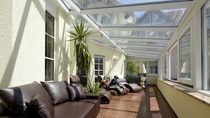 Un patio abrité et ensoleillé, avec des canapés en cuir et une grande plante.
