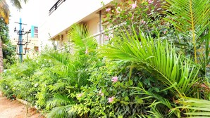 A lush garden with various plants and flowers, a dirt path, and a building with a balcony. - Mapletree Inn (Bengaluru)