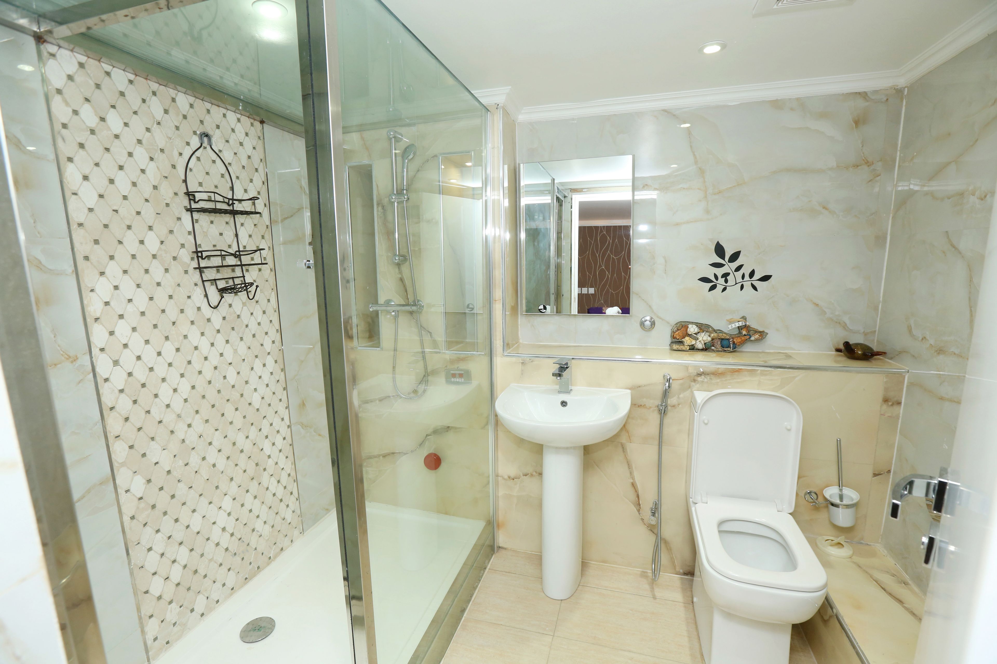 Ein modernes Badezimmer mit einer begehbaren Glasdusche, einem Standwaschbecken und einer Toilette.