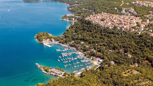 An aerial view of a coastal town with a marina, dense forested areas, and a mix of residential buildings. - Apartments Michael (Omisalj)