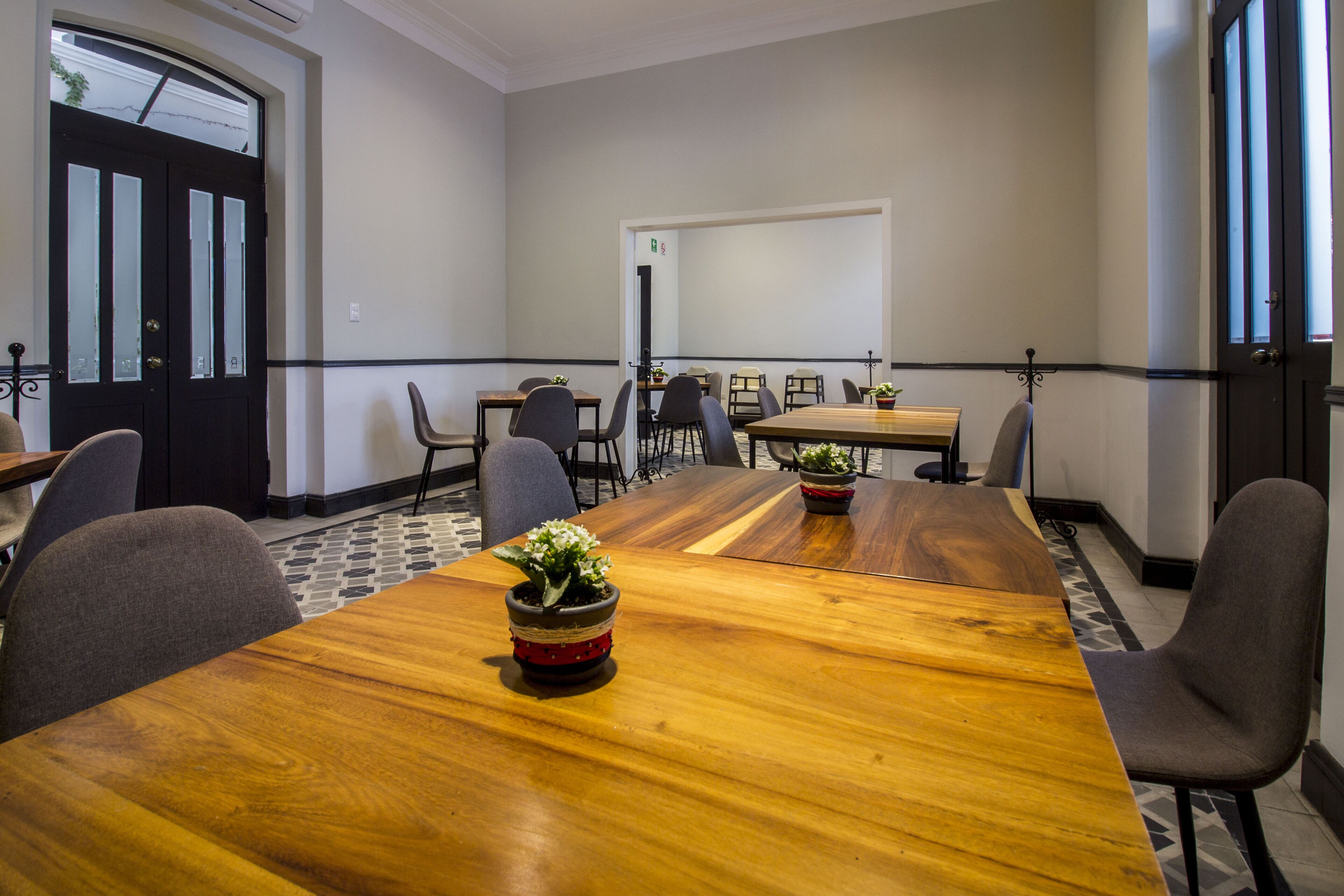 Un salón de conferencias con una amplia mesa de madera, varias sillas y plantas en macetas.