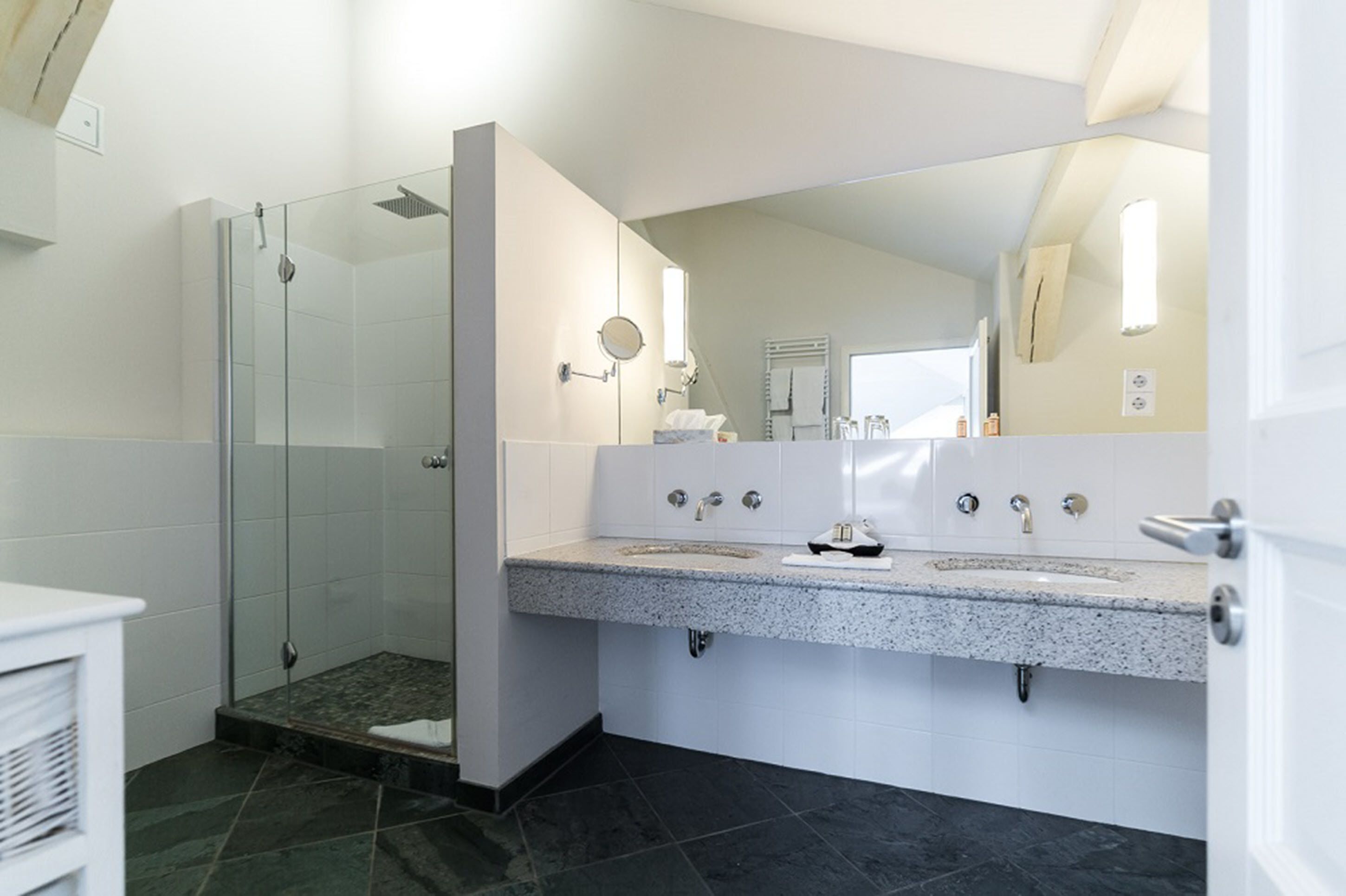 rainfall showerhead, hair dryer, heated floors, towels