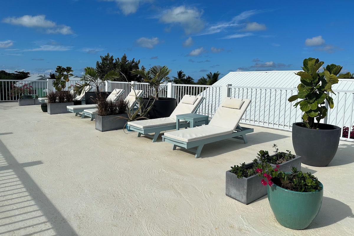 Un área de lounge en la azotea con sillones de sol y jardineras.